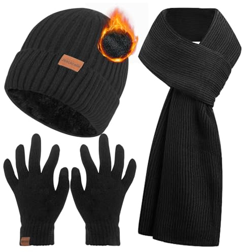 Jeackcelle Winter Beanie Hat Scarf for Men and Women with Touchscreen Gloves Set, 3PCS Knitted Hats Thermal Gloves Long Scarf (Black)