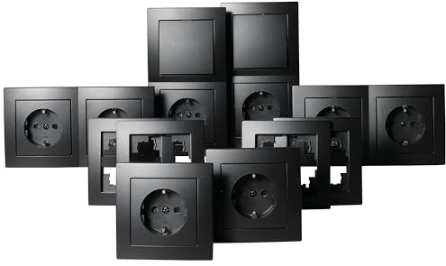 McPower Lichtschalter & Steckdosen Set Flair Standard | 20-teilig, matt schwarz | 2x Wechselschalter, 8x Steckdose, 4x 2-fach Rahmen, 6x 1-fach Rahmen