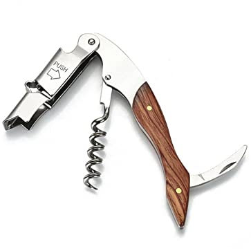 HAODUOO Can Opener Stainless Steel Cork Key Beer Bottle Opener Wooden Handle Bottle Opener Waiter Knife Cork