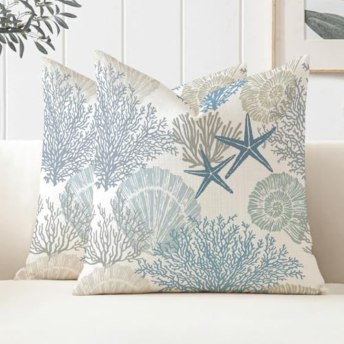 Miuyunya vattentäta örngott 2 stycken 50 x 50 cm dekorativa utomhus örngott vår sommar blå sjöstjärna mussla korall kuddfodral havstema dekorativ för uteplats trädgård soffa