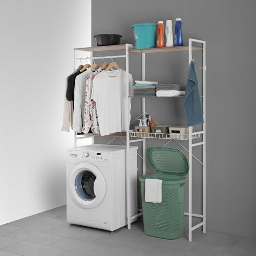 Inbagno Scaffale sopra Lavatrice E Asciugatrice in Acciaio Bianco Opaco con 4 Ripiani, Cestello Scorrevole E Barra Appendiabiti, L 147 x P 34 x H 195,5 Cm, in Kit di Montaggio