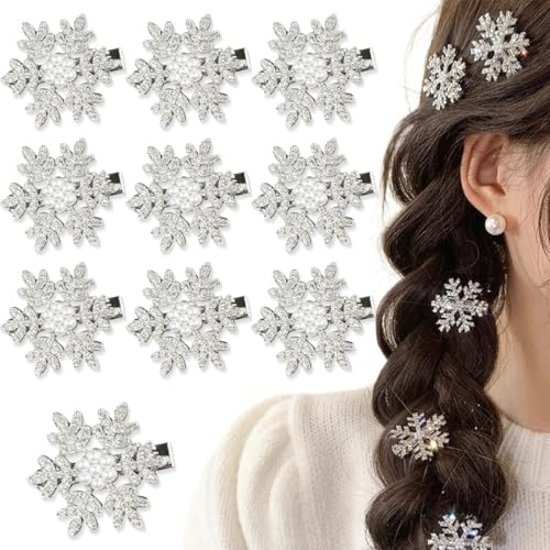 KUMSODE 10 Stück Weihnachten Schneeflocken Haarspangen, Schneeflocken-Haarspange mit Glänzendem Strass, Glitzer Haarschmuck Haarspangen Für Frauen Mädchen