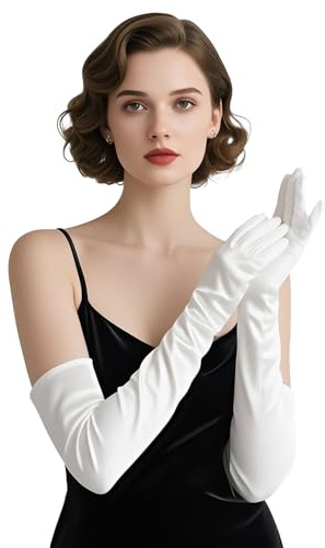 THARAHT Women Long Gloves with Satin Elbow Length for 1920s Opera Tea Party Costumes Bridal Evening Dress,White