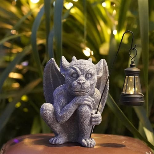 Tuzsocr Solar Wasserspeier Gartenfigur mit LED Laterne, 21 cm, Grau | LED-Laterne leuchtet automatisch bei Dunkelheit, wetterfest für Garten und Terrasse, Gothic-Deko zu Halloween