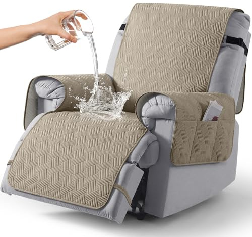 KinCam Wasserdichter sesselschoner für Fernsehsessel, relaxsessel mit Tasche elastischen Bändern, Anti-Rutsch sesselbezug weich waschbar sesselüberwurf 1 Sitzer für Kinder, Haustiere Taupe
