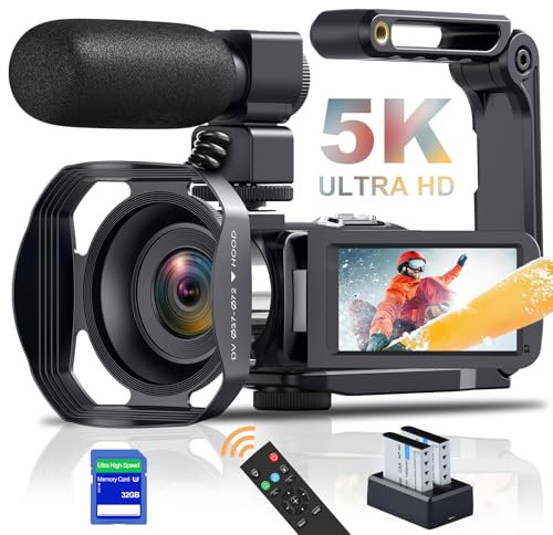 Delmodes Videokamera 5K 64MP Camcorder WiFi 18X Digitalzoom Vlogging Kamera für YouTube, 3.0 IPS Touchscreen IR Nachtsicht Videokamera mit Handstabilisator, 32GB SD-Karte, Fernbedienung, Batterien
