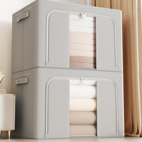 Foldable 100L Large Storage Boxes (2-Pack Set) ，Steel Frame with Oxford Fabric，Water-Resistant ，Dual Zippered Access with Clear Window ，Capacity for Clothing, Bedding & Household Items(Light Gray）