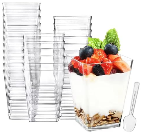 Xmokeds 30 Stück Dessertgläser Plastik, Dessertbecher Plastik Wiederverwendbar, 5OZ/ 160ml Dessertgläser mit Deckel, für DIY Desserts, Pudding, Mousse, Eis, Party, mit 30 x Suppenlöffeln, 30 x Deckel