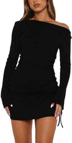 AOWVUTS Robe Femme Manches Longues Sexy Mini Robe Moulante Épaules Dénudées Robes Courte Chic et Elegant Cordon de Serrage Robes Fendue de Soirée Plis Slim Fit pour Cocktail Fête Clubbing Automne