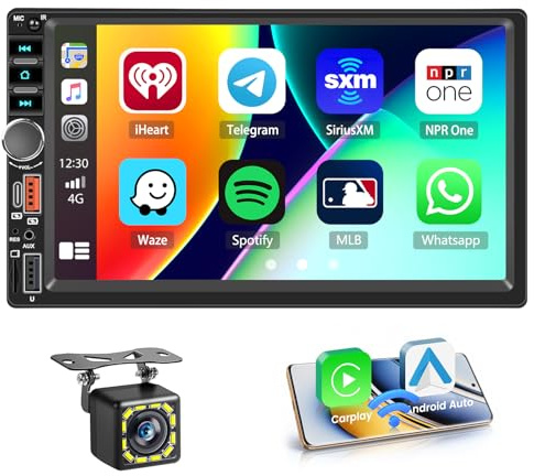 Hikity Autoradio 2 Din con Touch Screen IPS da 7 Pollici, Radio 2 Din con Wireless Carplay Android Auto Riproduzione Video Online Uscita Video Radio FM Bluetooth SWC CAM + MIC