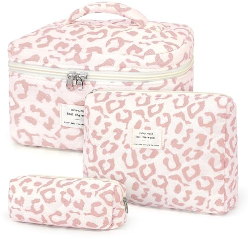 YMIFEEY 3 Stück Kosmetiktasche Kulturtasche Damen Kulturbeutel Make Up Tasche Groß Klein Set, Schminktasche Makeup Bag Waschtasche Reise Cosmetic Bag Beauty Case Organizer für Frauen (Rosa Leopard)