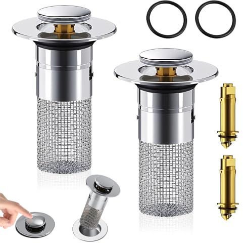 2 Stück Waschbeckenstöpsel, 34-40 mm Abflussstopfen mit Sieb Universal 304 Edelstahl Pop Up Abflusssieb Waschbecken Abfluss Stöpsel für Ablaufgarnitur Waschbecken Küche Bad