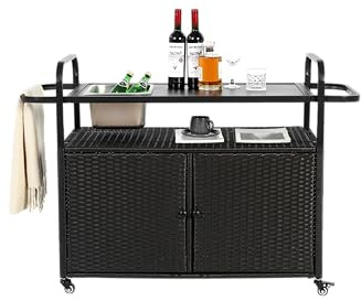 hrijusdif Mesa de bar para exteriores, carrito de mimbre con gabinete, carrito de servicio de patio con tapa de acero, con un cubo de hielo, ruedas bloqueables, cesta lateral para jardín, piscina y