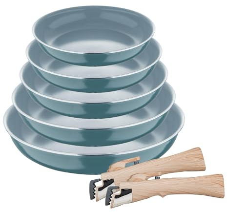 Set de 5 Sartenes Ø18Ø20Ø22Ø24Ø26cm en Aluminio prensado Verde + 2 Mangos extraíbles Click&Cook Bergner