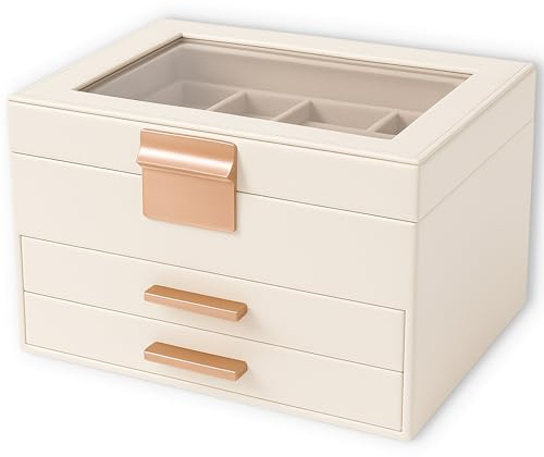 PECZEKO Schmuckkästchen, Schmuckbox mit transparenter Deckel, Schmuckkasten mit 3 Ebenen, 2 Schubladen, Schmuckaufbewahrung, modern - 23,1 x 20,3 x 13,5 cm, weiß