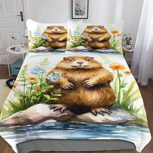 AASWDDS Castor Parure De Lit Housse De Couette Et Taies d'oreiller 3 Pièces Housse De Couette Microfibre pour Enfants Adultes Double (200x200cm)