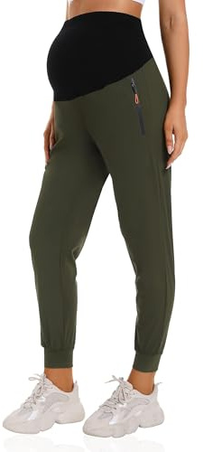 Gowjog Pantalones de Chándal de Maternidad de Secado Rápido con Bolsillos con Cremallera Elásticos para Deporte y Uso Diario Verde L