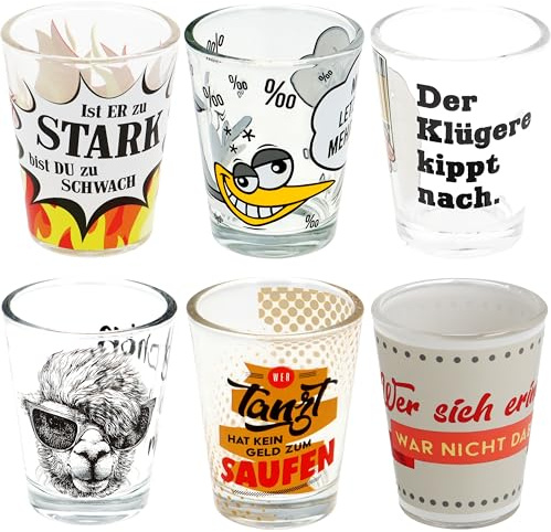 6 snapsglas med mönster och talesätt | roligt snapsglasset | shotglas-set | party-shots | roliga glas | dryckesspel | stamperl | tequilaglas | studentfest | nyårsafton | roligt födelsedagspresent (6