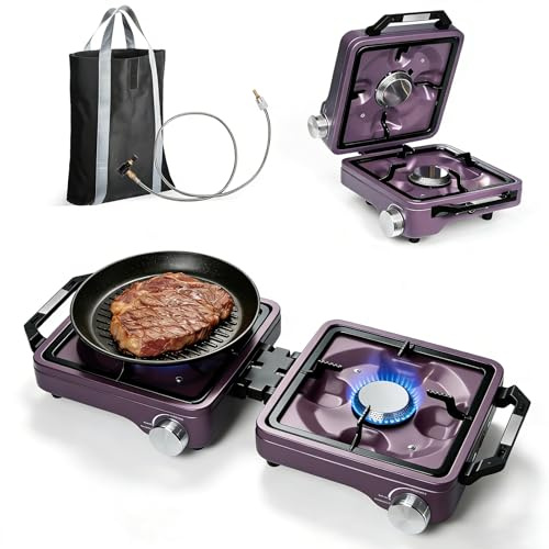 Double Burner Camping Stove, 17,000 BTU Portable Gas Cooker with Piezo Ignition, Stainless Steel Foldable Camp Stove for Outdoor Cooking, Hiking, Motorcycle Trips - Includes Hose & Carry Bag