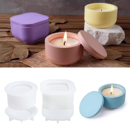 Stampo Silicone Portacandela Con Coperchio 4 Pezzi Rotondo e Quadrato 13 x 8 x 9 cm, Stampo Colata Per Candela, Stampo Per Gesso DIY, Contenitore Decorativo