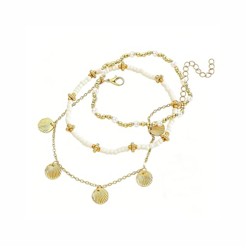 RICUHJIAJU Fußkettchen Perlen Muscheln für Damen, Fusskettchen Boho Style, Exquisit Mehrlagiges Fußkettchen Sommer, für Schmuck im Hawaiianischen Strandstil