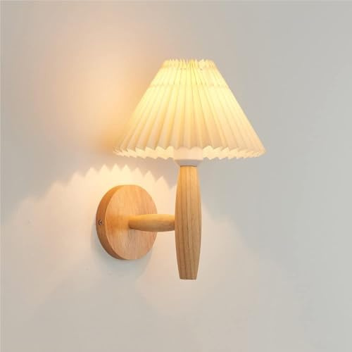 Japanese Style Wood Wall Sconce with White Pleated Shade, Retro Fabric Parasol Wall Light Fixture, Vintage Spindle Wooden Wall Lamp for Bedside Bedroom Reading ﻿(Wood)