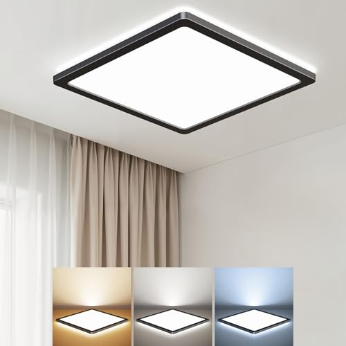 BLNAN LED Deckenleuchte 18W Deckenlampe Flach, Warm Neutral Kalt Weiß 3000K/4000K/5000K, 1800LM Decken Panel mit Hinterleuchtung für Flur, Küche, Bad, Balkon, Keller, Schwarz 22CM