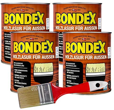 Bondex Holzlasur für aussen 3L inkl. 50mm Pinsel Intensivschutz vor Nässe, UV-Strahlung und Umwelteinflüssen für alle Hölzer im Außenbereich (Teak)