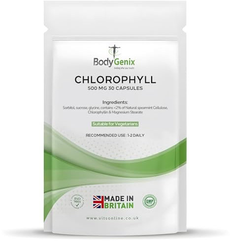 Bodygenix Chlorophyll Capsules - 500mg per Serving Anti Inflammation Detoxifier Healthy Skin Weight Management - Non GMO Vegan Supplement 30 Capsules