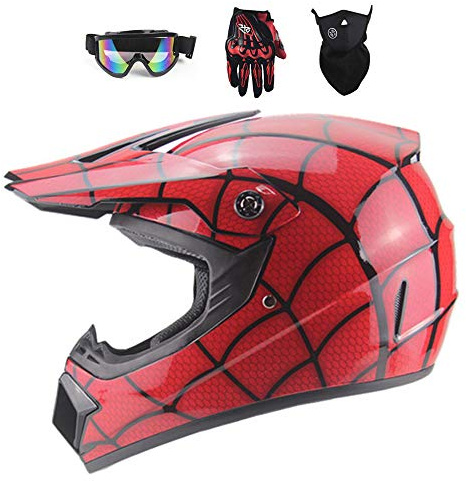Rouge/Toile d'Araignée - Casque Moto Cross Enfant avec Lunettes, Gants, Masque, Set Integral Hors Route pour BMX, Enduro, VTT, Quad, ATV, Scooter (S)