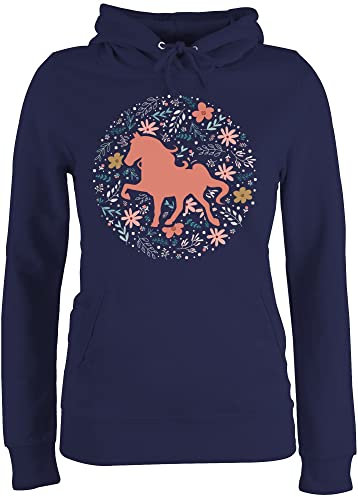 Pullover Damen Hoodie Frauen - Pferde - Pferd mit Blumen - S - Navy Blau - pferde+pullover+damen reitoberteil pferdeliebhaber blumem pulli pferdepulloverdamen reiten pferdchen fun-kapuzenpullover