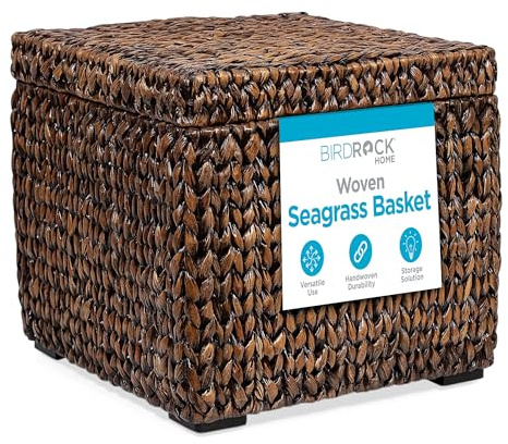 BIRDROCK HOME Storage Cube Box with Lid - Brown Wash Seagrass - Hand Woven Container for Blankets Pillows - Sturdy Metal Frame