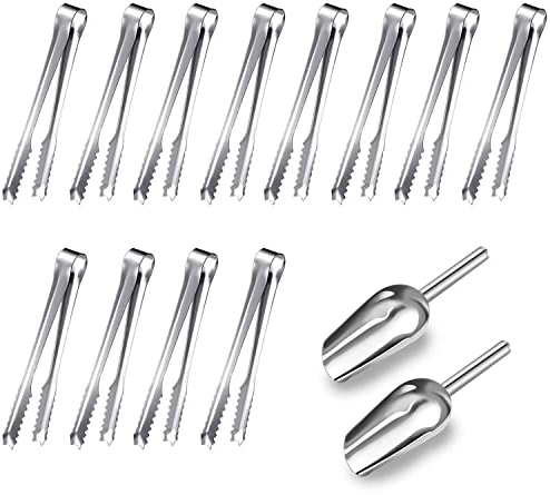 Stainless Steel Sugar Tongs Set, 12 Pieces Sugar Tongs and 2 Pieces Ice Scoop, Ice Cube Tongs, Pastry Tongs, Candy Clip, Kitchen Tongs