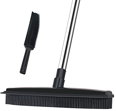 Lanhope Soft Push Broom Long Handle, Carpet Rake 50 inches For Pet Hair Removal With Squeegee Fur, Rubber Broom for Carpet Hardwood Tile Windows Clean
