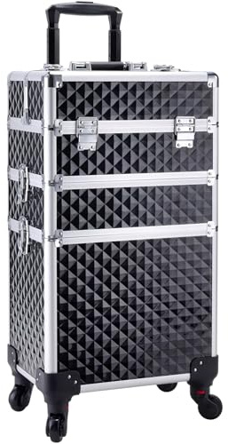 Adazzo 3 in 1 Professional Rolling Makeup Train Case Aluminum Trolley Case with 360° Rotation Wheels for Makuep Artist Cosmetic Suitcase Organizer with Lock and Key Diamond Pattern - Black