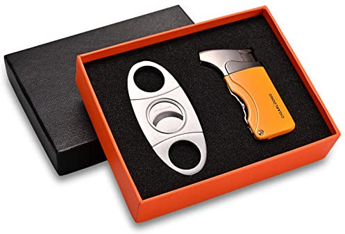 CIGARLOONG Ensemble Coupe Cigare et Briquet Double Lame et Briquet Butane Rechargeable à Jet(Jaune2)