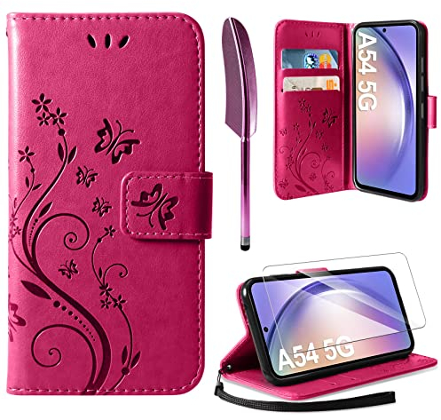 AROYI Lederhülle Kompatibel mit Samsung Galaxy A54 5G Hülle und Schutzfolie,Wallet Handyhülle Leder Tasche Kartensteckplätzen Schutzhülle Kompatibel mit Samsung Galaxy A54 5G Rosenrot