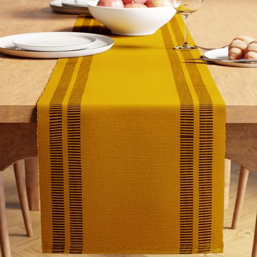 Encasa XO Dining Table Runner 32x240 cm | Yarn Dyed Fine Ribbed Cotton | Ladder Yellow | For Dining Table Fall Decoration, Holiday & Christmas Festivals - Machine Washable