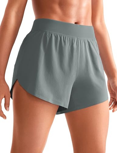 CRZ YOGA löparshorts för dam med hög midja - sidodelade snabbtorkande sportshorts Lättviktiga gymshorts med foder Grå salvia S