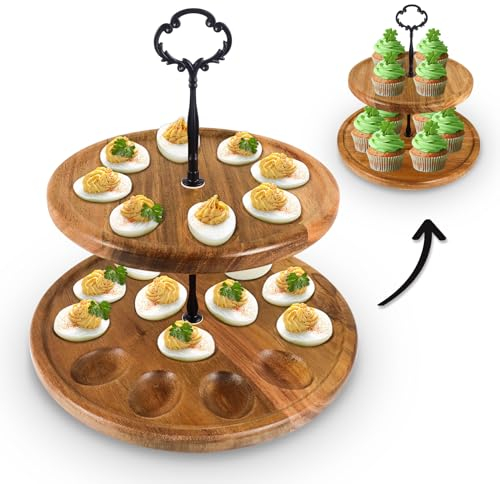 Honitra Deviled Eierplatte, 22 Löcher Deviled Egg Tray für Deviled Eggs, Doppelschichtiger Deviled Eierhalter & Cupcake-Ständer, Holz Deviled Eierplatte & Deviled Eierteller für Thanksgiving