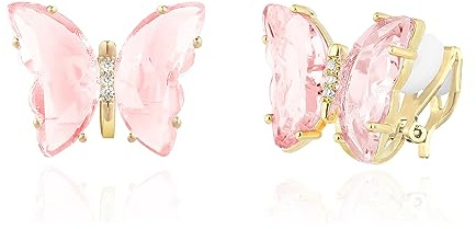 QUKE Gold Plated Pink Crystal Butterfly Clip On Earrings for Women