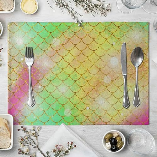 AMDXD Juego de 2 manteles individuales de 32 x 42 cm, diseño de escamas de pescado, de algodón, de lino, antideslizantes, para cocina, hogar, restaurante, verde, amarillo, lila