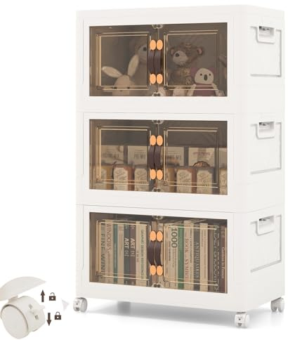 KOMFOTTEU Aufbewahrungsboxen mit Deckel und Rädern, stapelbare Vorratsbehälter, mehrschichtiger Kunststoffschrank mit Doppeltüren, Aufbewahrungsschrank faltbar für Heimspeicher, Büro (3 Ebene-M)