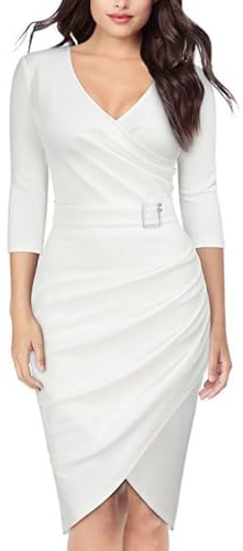 Rayson Vestido Mujer Elegante con Cinturón Cuello en V Profundo Vestido Midi Bodycon Manga Larga con Pliegues Vestidos de Fiesta Mujer Elegantes(Blanco, S)
