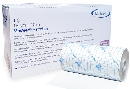 Stretch-Fixiervlies elastisch in Spenderbox, Fixierpflaster/Rollenpflaster weiß sensitiv mit starker Klebekraft, 15cm x 10m+E-Book (über Gesundheit)