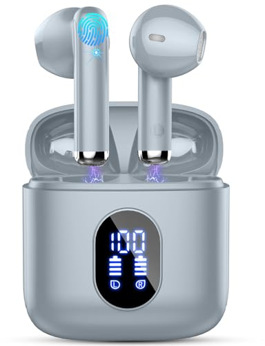 Écouteurs sans fil Bluetooth 5.4 2024 avec basses profondes, nouveaux mini écouteurs Bluetooth intra-auriculaires 4 micros ENC, suppression du bruit, écouteurs Bluetooth 30H, double écran LED, gris