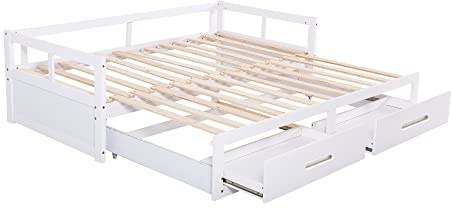 Idemon Ausziehbares Schlafsofa 90/180 * 200 cm mit Schubladen und Lattenrosten, Kiefernbett mit Stauraum (weiß)