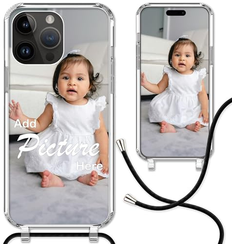 CoverHeld Handyhülle kompatibel mit iPhone 14 Pro Max mit schwarzem Band selbst gestalten - Silikon Hülle mit Band personaliseren - Dein Design/Bild - Handykette Kordel Band in Schwarz