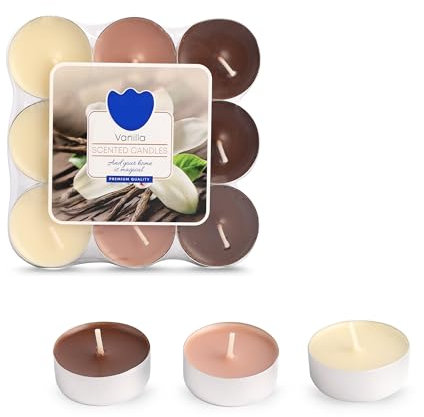 MiCasa SuCasa 18 Teelichter Duft Vanilla – 72h Brenndauer aus Paraffin – Kleine Duftteelichter für Party Deko oder Duftlampe – Kerzen Set für romantische Atmosphäre – Bunte Teelichter in 3 Farbtönen