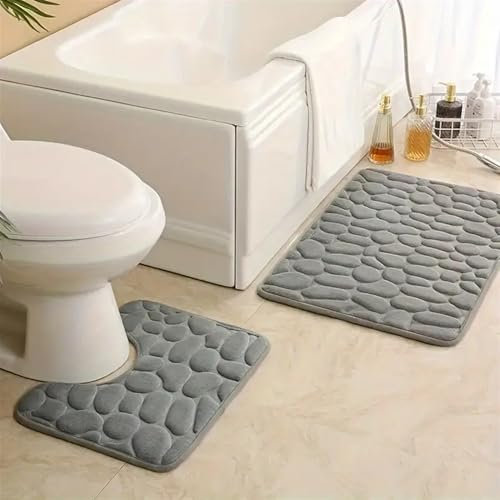 GIBZ Juego de Alfombras de Baño 2 Piezas Alfombrillas Inodoro Sólidas Alfombra de Vellón Coral Absorbente Suaves Antideslizante Gris 40 * 60CM+U40*50CM